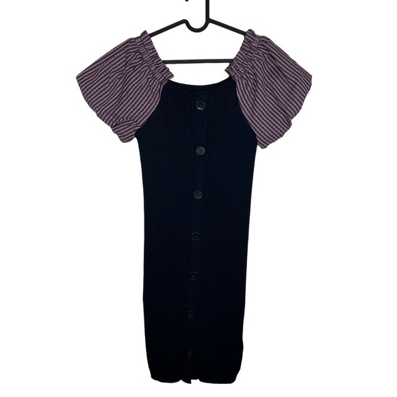 Maeve by Anthropologie Plaid Puff Sleeve Mini Ribbed Sweater Dress Size Small - Picture 2 of 7